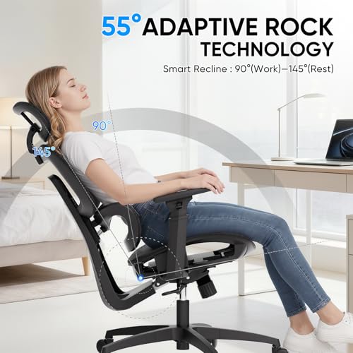 MoNiBloom Ergonomic Office Chair, High Back Mesh Desk Chair with Adjustable Headrest & 3D Armrests, Lumbar Support, 90–145° Recline, Swivel Rolling Computer Chair for Office Conference Room (1)