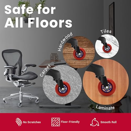 SPOTLESS GEAR Roller blade Office Chair Wheels for Gaming Chair, 3 inch Replacement Rubber Casters for Hardwood Floors & Carpet, Ultra Smooth & Quiet Heavy Duty Desk Chair Wheels, Set of 5 (Red Blaze)