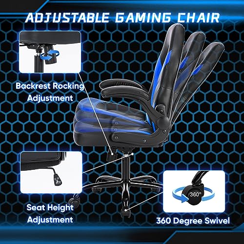OLIXIS Computer Gaming Chair - PU Leather Ergonomic Lumbar Support with Flip-up Armrest and 360° Swivel Wheels, Height Adjustable Task Home Office Desk Video Racing, Black and Blue