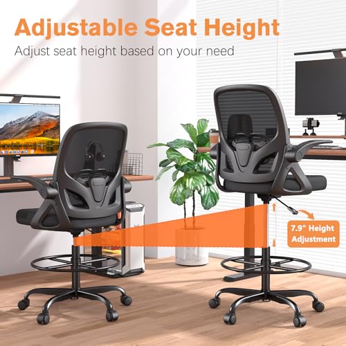 ORRSAKER Drafting Chair, Tall Office Chair with Flip-up Arms, Mesh Ergonomic Computer Standing Desk Chair with Adjustable Height Foot Ring and Lumbar Support, 300 LBS Capacity, Black