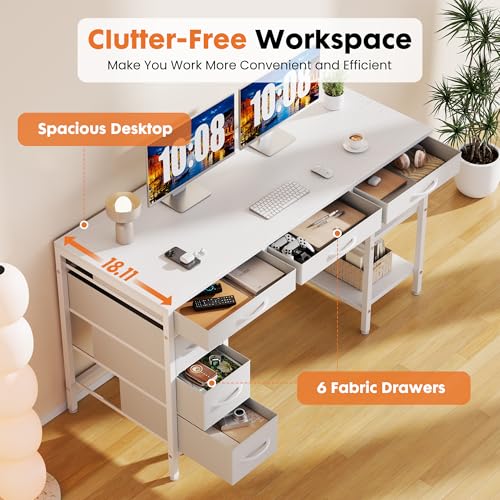 Sweetcrispy 47" Computer Desk with 6 Drawers, Home Office Gaming Desks with Storage Shelves for Bedroom, Writing Study Corner Living Room Work Table White