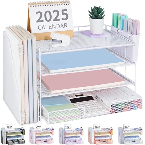 OPNICE Desk Organizer, 4-Tier Desktop File Organizer with Drawer and 2 Pen Holders, Office Desk Accessories, File Sorters, Workspace Organizers for Office Supplies(White)