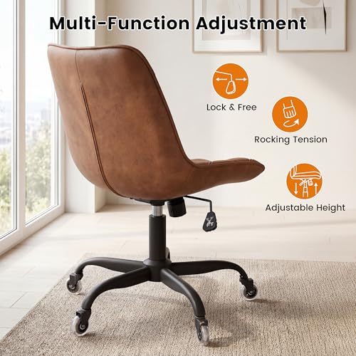Armless Office Chair, Mid Back Modern Desk Chair with Rubber Wheels, 360 Swivel PU Leather Office Chair No Arms, Adjustable Height Small Computer Chair, Armless Desk Chair for Office, Brown
