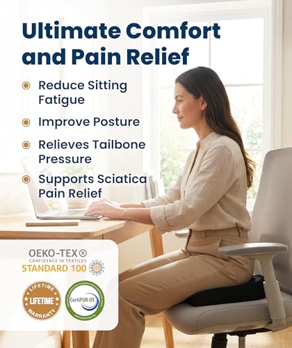 Everlasting Comfort Doctor Recommended Memory Foam Seat Cushion for Office Chairs & Car - Ergonomic Office Desk Accessories - Cushions for Tailbone Pain Relief, Sciatica (Black, Large)