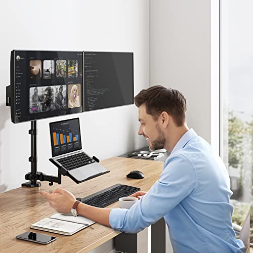 WALI Monitor and Laptop Mount, Dual Monitor Stand with Laptop Tray Fit Computer Screens up to 32”, Laptop Desk Mount with Notebook up to 17”