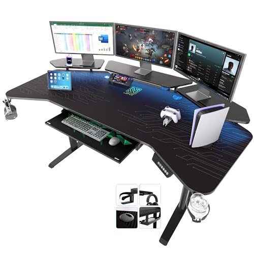 JWX Dual Motor Standing Gaming Desk with Aluminum Alloy Led Lights, 72'' Wing Shaped Large Gaming Studio Music Desk with Slot Design Shelves, for Streamer, Social Media Influencer & Music Recording
