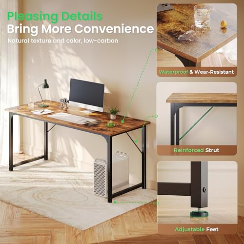Huuger Computer Desk, 55 Inch Home Office Desk, Gaming Writing Work from Home Study Desk, Large Legroom, Sturdy Metal Frame, Modern Simple, Rustic Brown