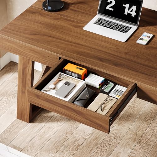 Tribesigns 55-inch Computer Desk with Drawer, Retro Walnut Big Home Office Desk, Modern Executive Desk Writing Desk Workstation Table for Home