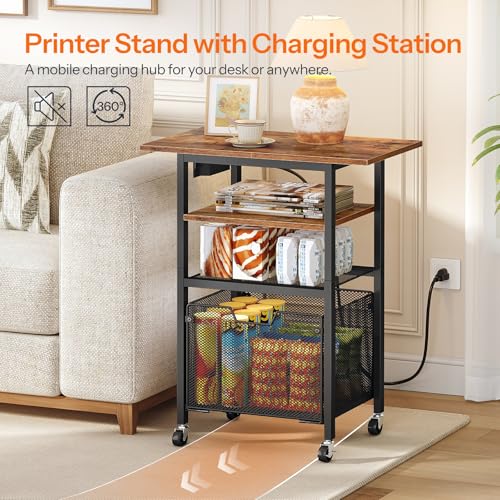 HOOBRO Printer Stand, Printer Table with Charging Station, Printer Cart with Hanging File Folder Organizer, Rolling File Cabinet Cart, Shelf for Home Office, Rustic Brown and Black BF17UPS01