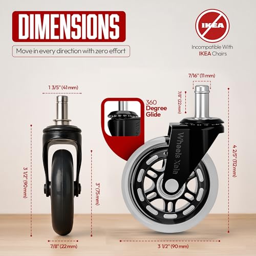 Wheels Xela Office Chair Wheels, Set of 5, 3 Inch Heavy-Duty Replacement Rubber Wheels for Desk & Gaming Chair are Easy to Install & Suitable for All Floor Types