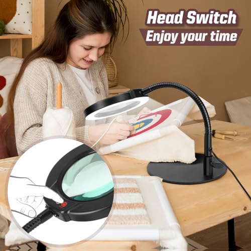 Krstlv 10X Magnifying Glass with Light and Stand, 5 Color Modes Stepless Dimmable LED Lighted Desk Lamp, Hands Free Magnifier with Flexible Goose-Neck for Craft Hobby Painting Sewing Close Work