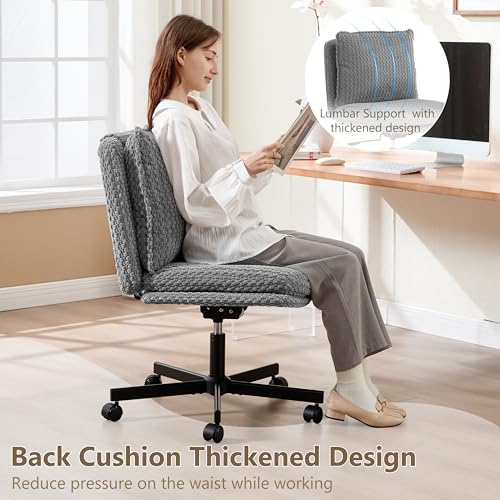 Fizzin Criss Cross Chair,Armless Cross Legged Chair with Wheels,Memory Foam Seat Office Desk Chair with Flipable Back Cushion,Mid Back Swivel Chair for Home Office,Bedroom Vanity (Grey)