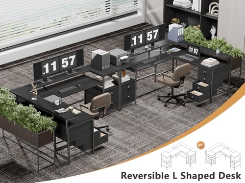 Furologee 66" Reversible L Shaped Gaming Desk with 6 Drawers & Printer Storage Shelves, Corner Computer Desk with Power Outlets & LED Lights, Home Office Table with Monitor Stand, Black