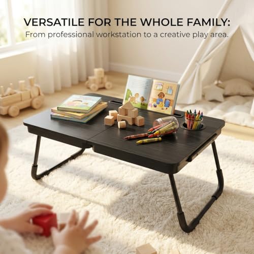 BUYIFY Foldable Laptop Bed Desk for Couch, Sofa - Large Lap Desk Tray Table with Cup Holder and Tablet Slot - Portable Notebook Stand for Eating, Writing, Studying and WFH -NEW-006
