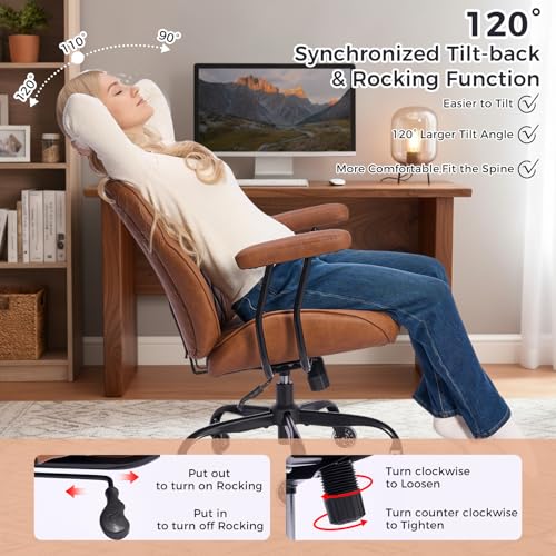BEWISHOME Brown Leather Office Chair – Features Rubber Wheels