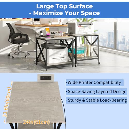 METYERRY Large Printer Stand with Power Outlet, with Storage Shelf, 2 Tier Rolling Printer Cart with Industrial Wheels, 23.6 x 23.6 Inches Printer Table for Home Office,Greige