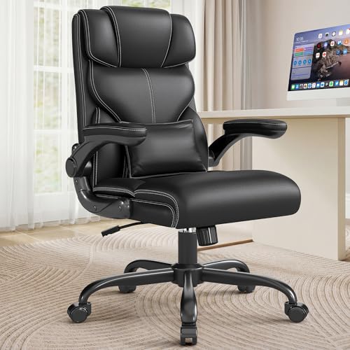 Executive Office Chair with Flip-up Armrests,Ergonomic Computer Desk Chairs,Mid-Tall Back Leather Office Chair,Lumbar Support Swivel PC Chair with Rocking Function