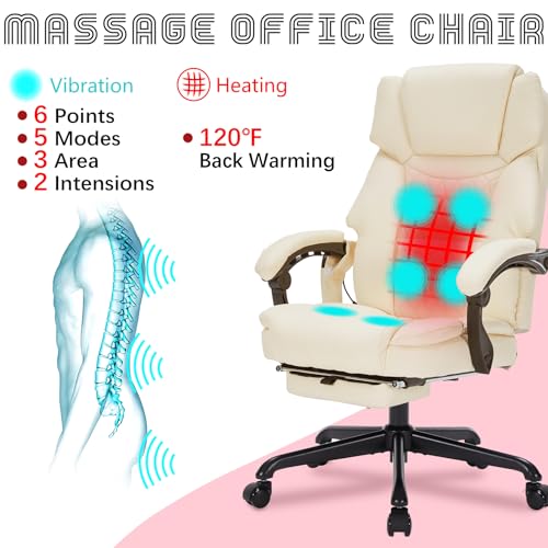 Massage Office Chair with Foot Rest 6 Points Vibration and Heat Home Office Desk Chairs for Heavy People 400lbs Reclining Managerial Chairs Ergonomic Executive Chair (Cream)