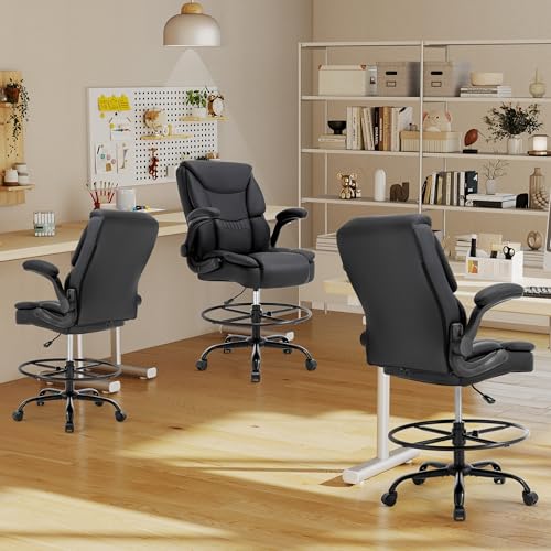 500LBS Drafting Chair, High Back Safer Standing Desk Chair, Executive Tall Office Chair with Flip-up Armrests, Upholstered PU Leather Task Chair, Ergonomic Seat with Adjustable Height&Foot Ring, Black