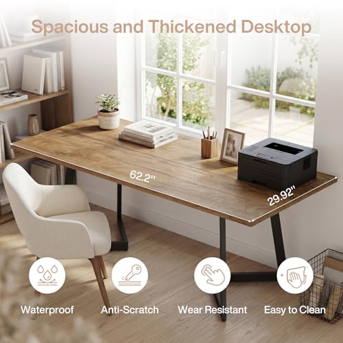 Tribesigns 62.2-Inch Industrial Executive Desk, Simple Modern Home Office Computer Desk with Sturdy Metal V-Shaped Legs, Large Study Writing Table Business Workstation, Easy Assembly (Brown+Black)