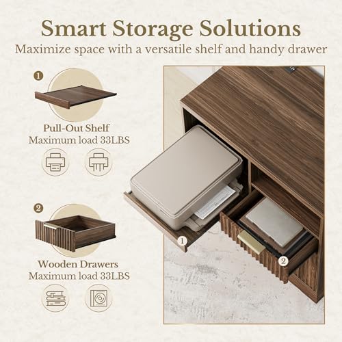 Perledesign 3 Drawer File Cabinet, Fluted Wood Lateral Filing Cabinet with Charging Station for Home Office, Fits for A4/Letter-Sized Files, Printer Stand with Open Storage Shelves, Black Walnut