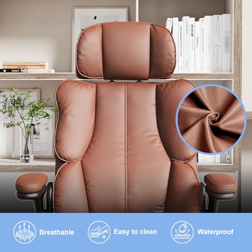 Kensaker Office Chair with Adjustable Headrest & Lumbar Support for for Lower Back Pain Relief, Executive PU Leather Chairs Comfy with Double Padding & 135° Rocking for Home Office, Brown