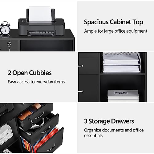 Yaheetech Black File Cabinet with Lock for Letter, A4 Size,3 Drawer Lateral Cabinet Printer Stand with Open Storage Compartments for Home Office, Black