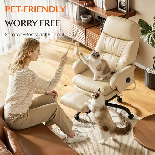 FLEXISPOT Multi-Task Ergonomic Office Chair with Footrest Computer Desk Chairs Indoor Lounge Chair with 90-165° 4-Level Reclining, Chairs for Working Relaxing Sleeping, PU Leather+Iron Base, White