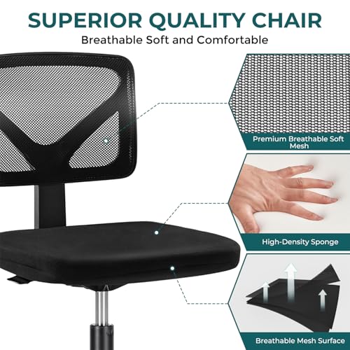 DUMOS Armless Office Chairs with Wheels, Ergonomic Adjustable Home Desk Swivel Rolling Task Chair No Arms, Comfy Mesh Mid Back Computer Work Vanity Desk Chairs for Small Spaces, New Black