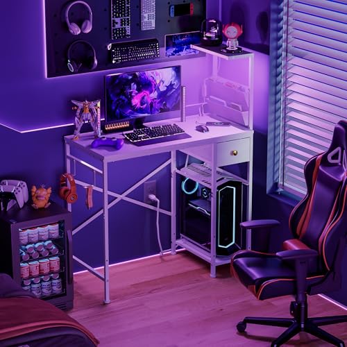 Jakyitvi 33.7" Computer Desk with Power Outlets, LED Lights & Drawer, Small Office Desk with Storage Bag & Hooks, Gaming Desk for Bedrooms or Home Office, Compact Study Desk for Small Spaces，White
