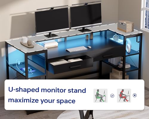 Pamray 58 Inch Computer Desk with Monitor Stand and Shelves Gaming Desk with LED Lights & Power Outlets PC Vanity Table with 2 Drawers for Home Office Black