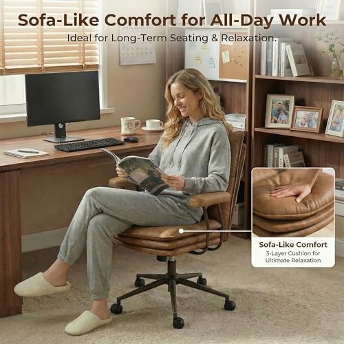 Sucrever Brown Leather Office Chair with Triple-Layer Seat, Home Desk Chair