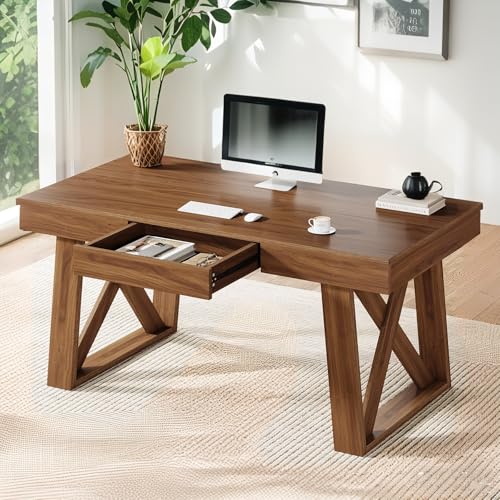 Tribesigns 55 Inch Walnut Computer Desk with Drawer, Mid-Century Farmhouse Executive Desk, Rustic Wide Desktop Home Office Desk for Workstation
