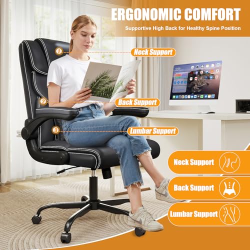 Executive Office Chair with Flip-up Armrests,Ergonomic Computer Desk Chairs,Mid-Tall Back Leather Office Chair,Lumbar Support Swivel PC Chair with Rocking Function