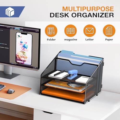 GAWERK Letter Tray Organizer, Mesh Desk File Organizer with 3 Paper Trays and 2 Vertical Upright Section, Blank
