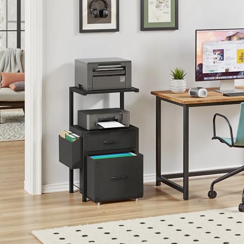 HIGDBFE File Cabinet with 2-Tier Shelf, Letter Size Drawer Filing Cabinet with Reversible Side Bag, Vertical Office Cabinet Printer Stand with Storage for Home Office, Black, 16.5" W