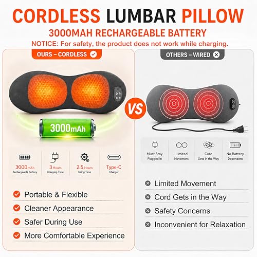 Upgraded Cordless Lumbar Support Pillow for Pain Relief Deep Tissue, 3-in-1 Heated Lower Back Massager Pillow with 3000mAh Battery, Heat, Massage, Electric Stretch, Back Support Pillow for Chair Car