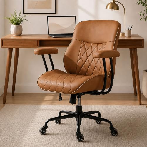 BEWISHOME Brown Leather Office Chair – Features Rubber Wheels