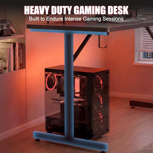 GTPLAYER 55 Inch Gaming Desk with LED Lights, Large Computer Desk with Mouse Pad for Home Office, T-Shaped Carbon Fibre Surface PC Game Workstations with Headphone Hook