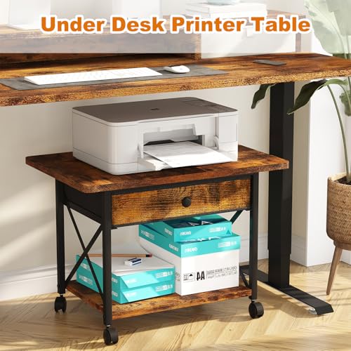 EasyCom 23.6" x 15.7" Under Desk Printer Stand with Storage Drawer, 2-Tier Shelf Desktop Printer Table for Desk with Wheels, Large Rolling Cart for Home Office Fits 3D Printer Scanner Rustic Brown