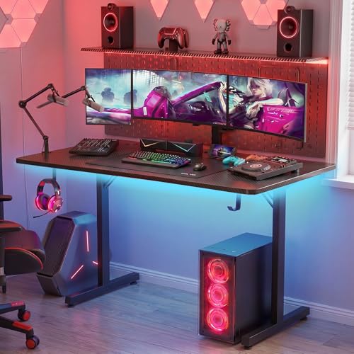 GTPLAYER 55 Inch Gaming Desk with LED Lights, Large Computer Desk with Mouse Pad for Home Office, T-Shaped Carbon Fibre Surface PC Game Workstations with Headphone Hook