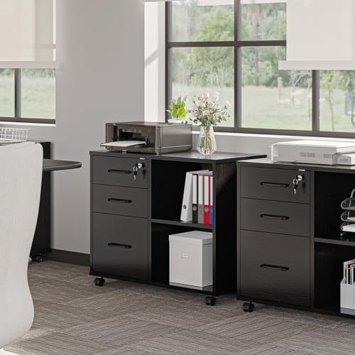 Panana 3 Drawer Office File Cabinets, Mobile Lateral Printer Stand with Open Storage Shelf, Rolling Filing Cabinet with Wheels Home Office Organization and Storage (Black)