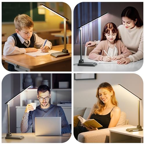 ShineTech LED Desk Lamp with USB-C Charging Port, Dimmable Desk Lamp for Home Office, Eye-Caring Reading Lamp with 25 Lighting Modes, Small Desk Light for Bedroom Nightstand with Adapter