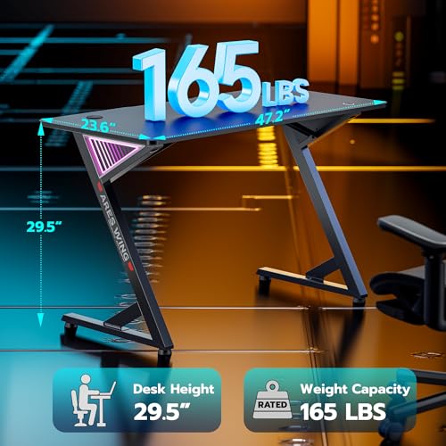 ARES WING Gaming Desk RGB 47 Inch - Z Shaped Gaming Table with LED Light and DIY Control Cable, Computer Desks for Home and Office, Black