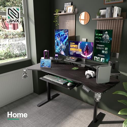 JWX Dual Motor Standing Gaming Desk with Aluminum Alloy Led Lights, 72'' Wing Shaped Large Gaming Studio Music Desk with Slot Design Shelves, for Streamer, Social Media Influencer & Music Recording