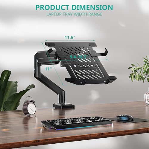 WALI Laptop Desk Mount, Single Monitor Arm with Laptop Holder, Adjustable Height Laptop Arm Mount for Desk, Fits 17” Notebook and 34” Monitors, Up to 22-26.4Lbs (GSMP001LPN), Black