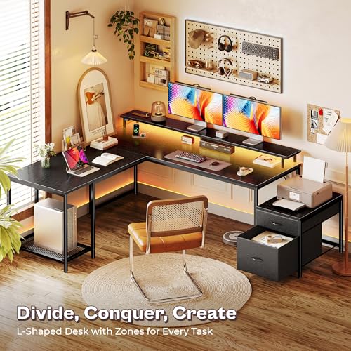 PRAISUN 66" L Shaped Gaming Desk with LED Lights & Power Outlets, Computer Desk with Fabric Drawers and Print Stand, Corner Office Desk, Monitor Stand, Mesh CPU Stand, Black