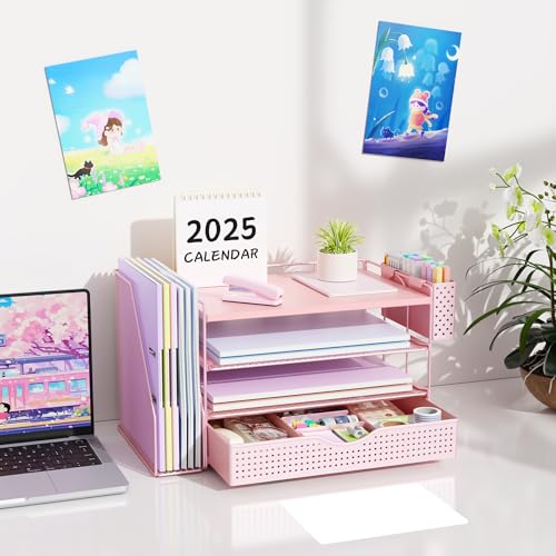 gianotter Wood Desk Organizers and Accessories with File Holder, 4-Tier Desk Accessories & Workspace Organizers with Drawer and Pen Holder, Desk Reference Organizer (Pink, 4T with Drawer)