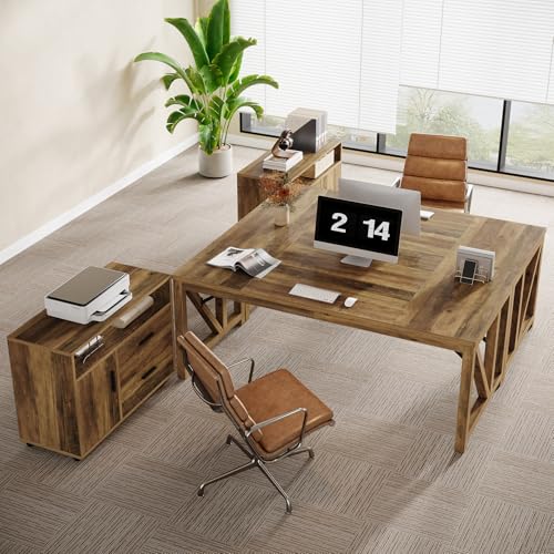Tribesigns 63" L Shaped Executive Desk & 39" File Cabinet Set, Corner Computer Desk with Ample Storage, Large Industrial Retro Office Desk with Drawers & Shelves, for Home & Business, Rustic Brown