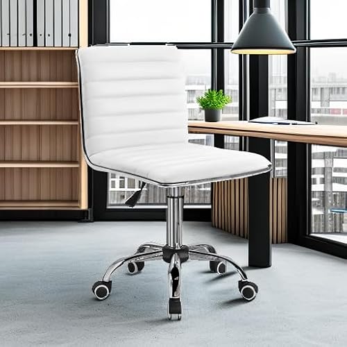 Furmax Vanity Office Desk Chair with Wheels, Armless Small Cute Leather Makeup Computer Task Chair Adjustable Height 360° Swivel (White)